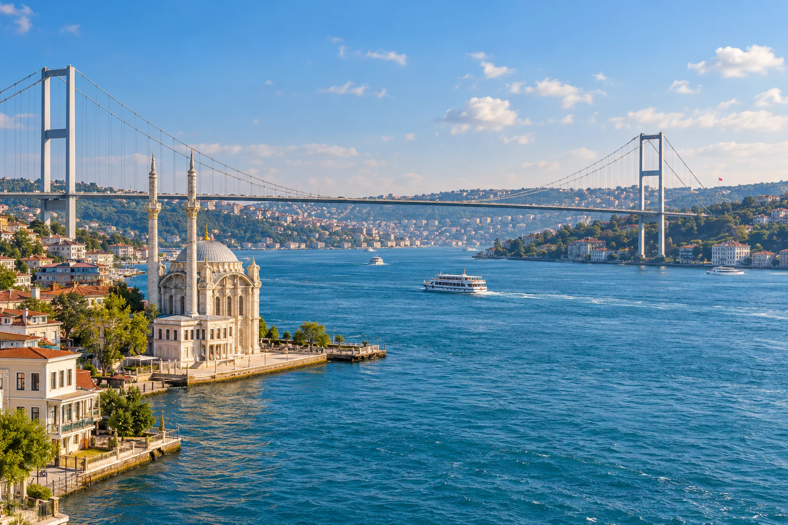 İstanbul Boğazı, Ortaköy kıyısı ve iki yakayı birleştiren asma köprü
