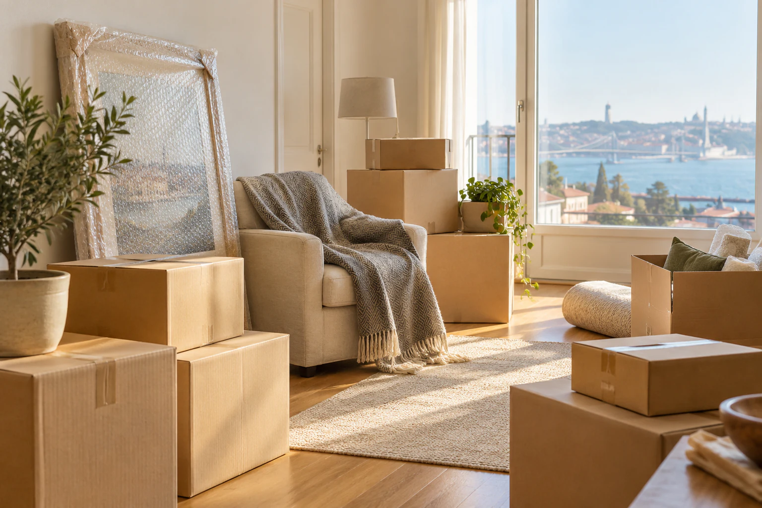 Bir dairede taşınma için hazırlanmış koliler, paketlenmiş çerçeve ve berjer